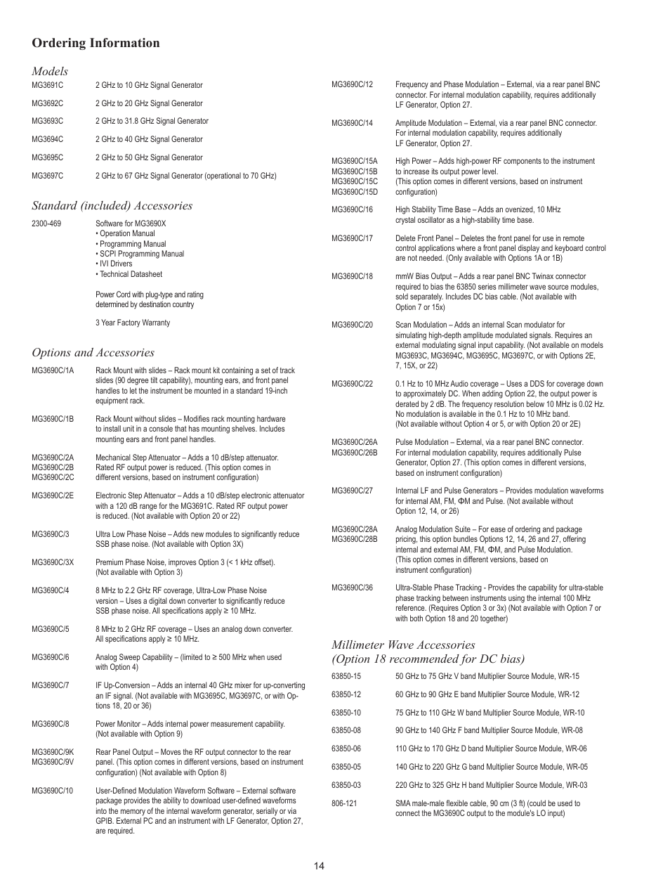 Ordering information, Models, Standard (included) accessories | Options and accessories | Atec Anritsu-MG3690 Series User Manual | Page 14 / 16