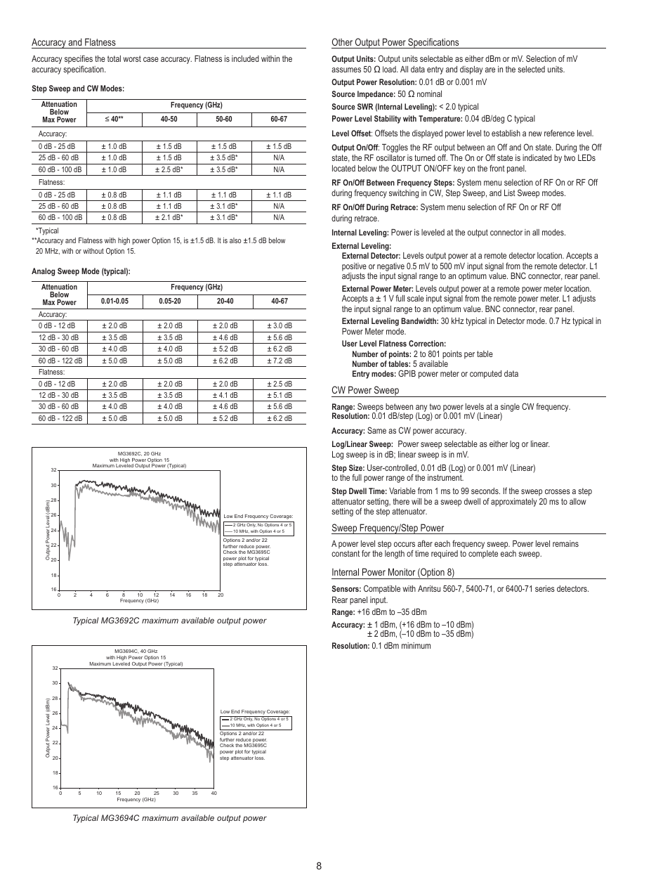 Other output power specifications, Cw power sweep, Sweep frequency/step power | Internal power monitor (option 8), Accuracy and flatness | Atec Anritsu-MG3690 Series User Manual | Page 8 / 16