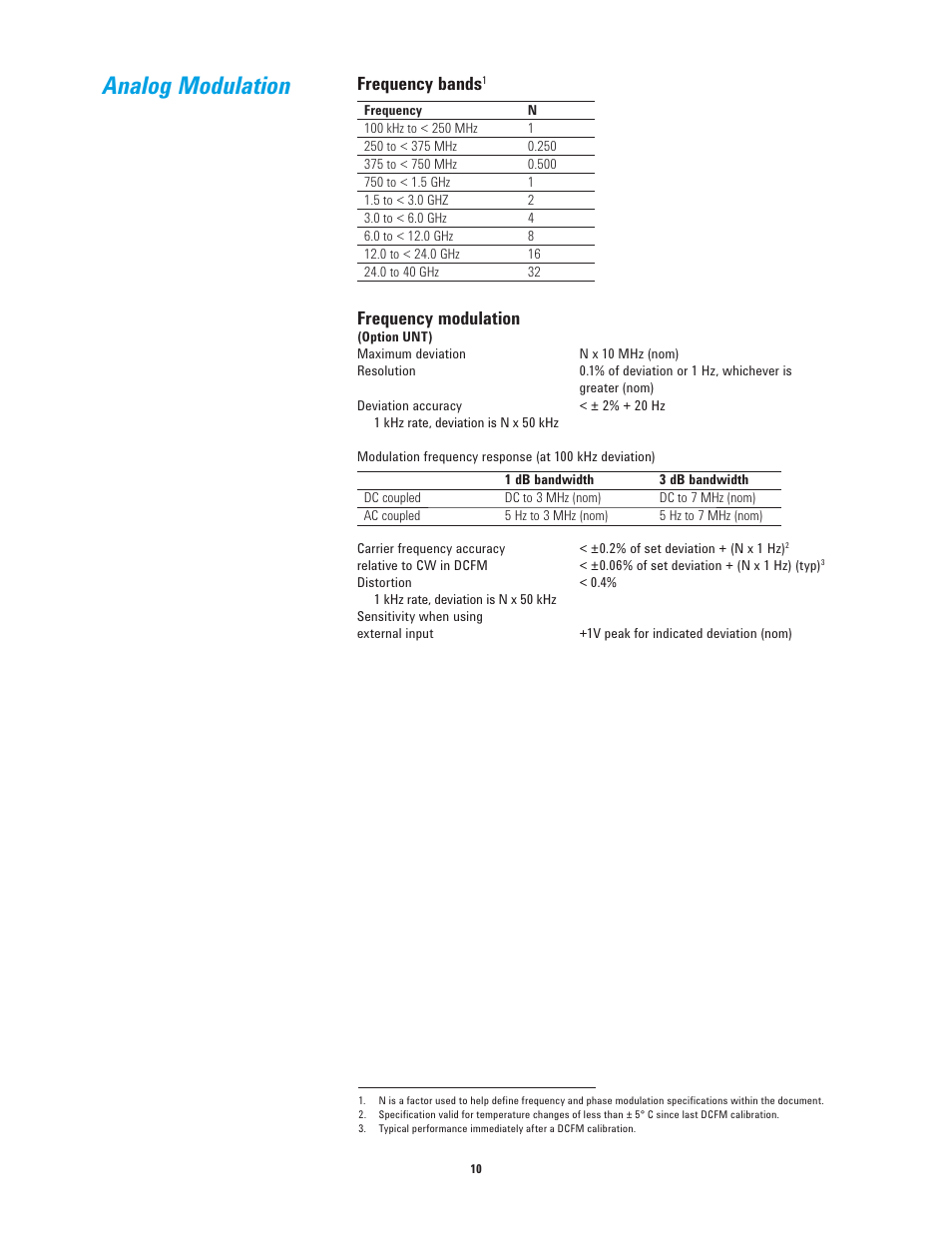 Analog modulation, Frequency modulation, Frequency bands | Atec Agilent-N5183A User Manual | Page 10 / 19