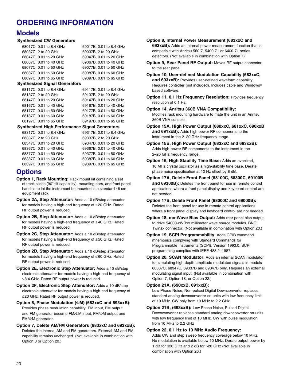 Ordering information, Models, Options | Atec Anritsu-68369ANV User Manual | Page 22 / 26