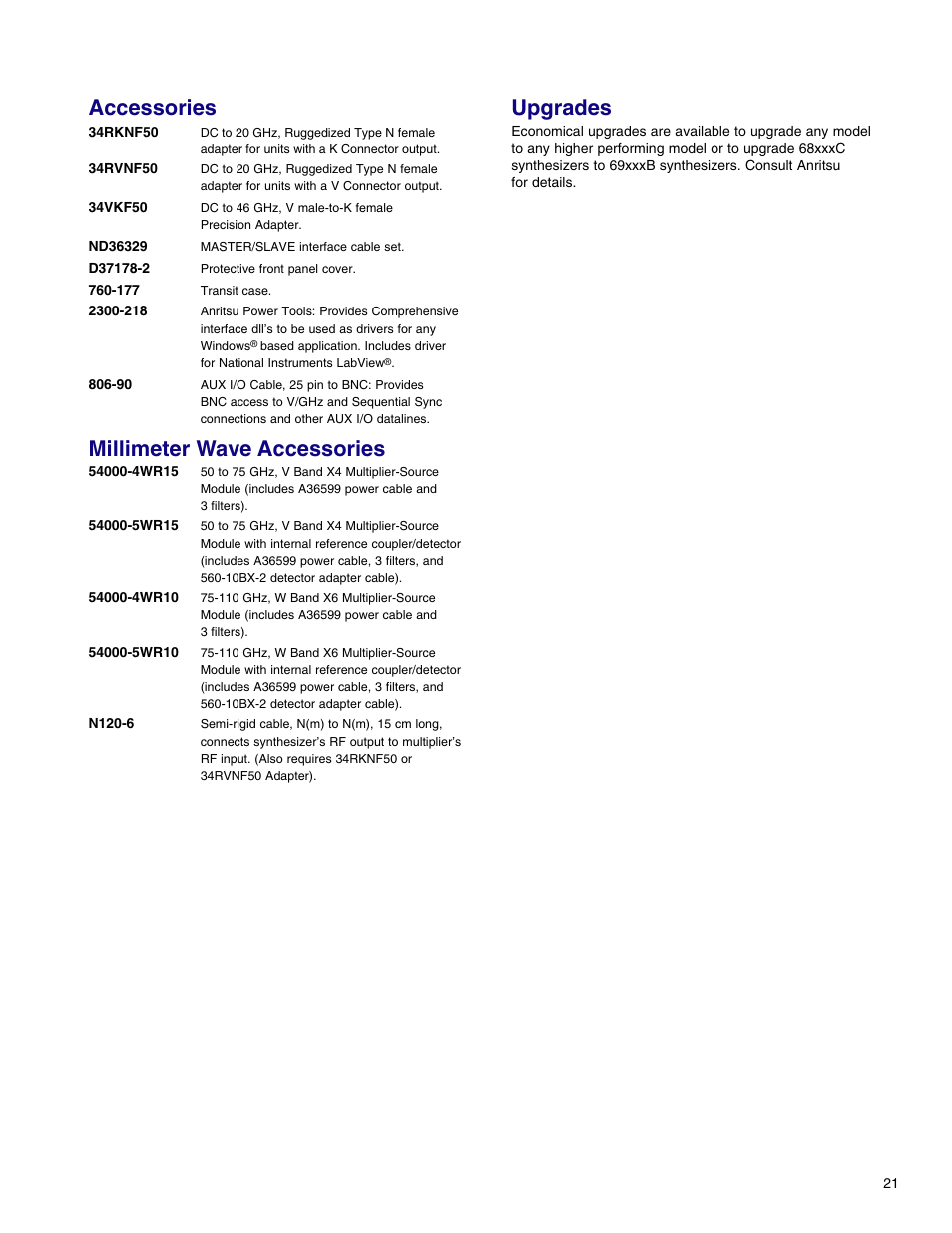 Accessories, Millimeter wave accessories, Upgrades | Atec Anritsu-68369ANV User Manual | Page 23 / 26