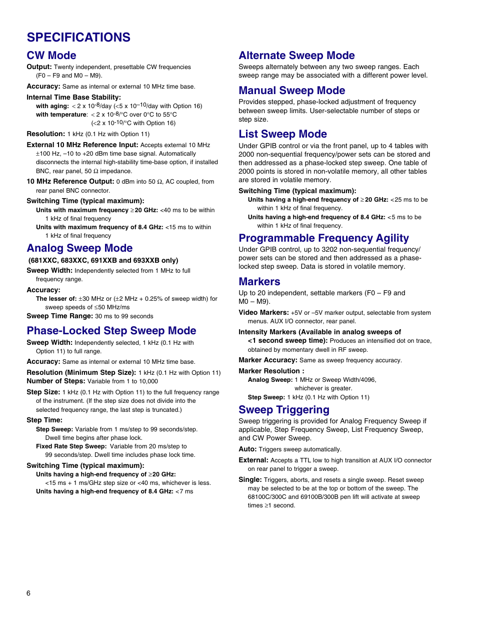 Specifications, Cw mode, Analog sweep mode | Phase-locked step sweep mode, Alternate sweep mode, Manual sweep mode, List sweep mode, Programmable frequency agility, Markers, Sweep triggering | Atec Anritsu-68369ANV User Manual | Page 8 / 26