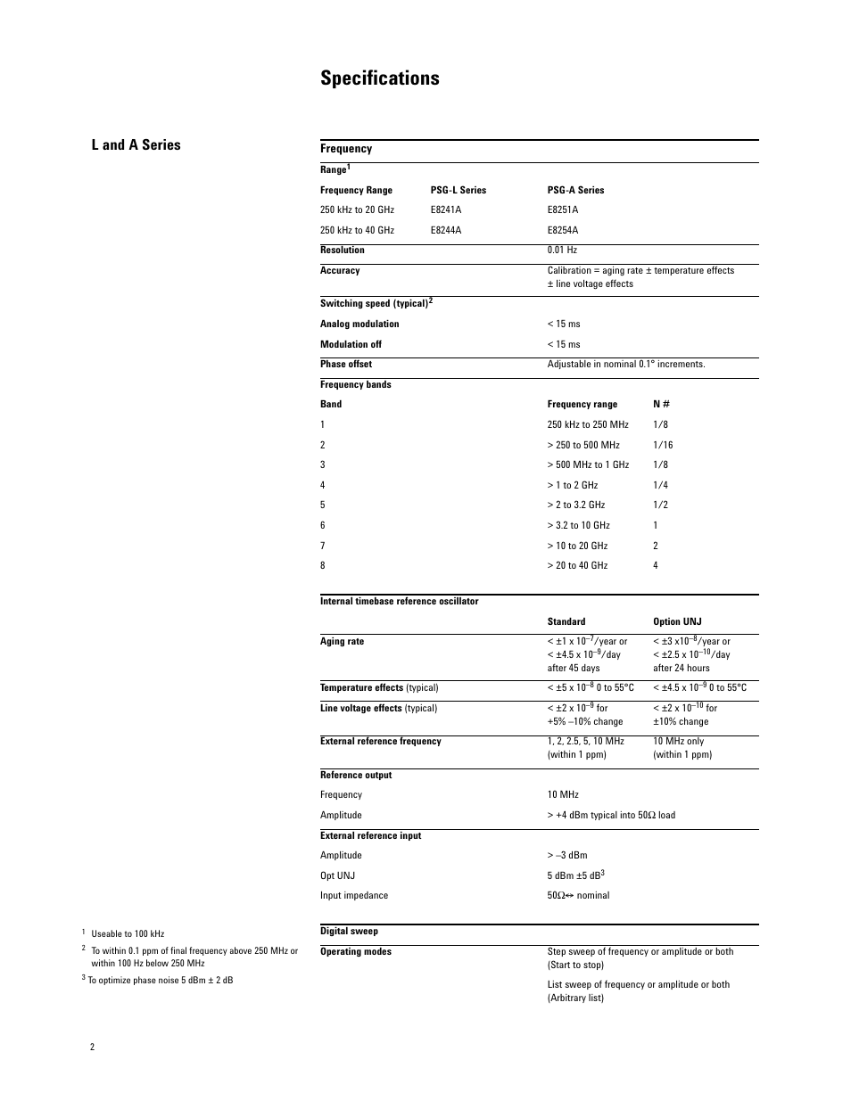 Specifications, L and a series | Atec Agilent-E8251A User Manual | Page 2 / 12