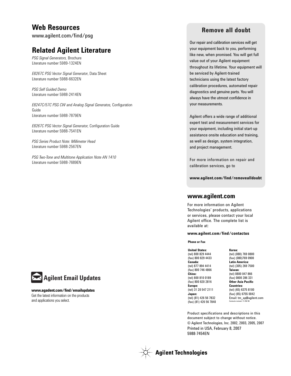 Web resources, Related agilent literature, Agilent email updates | Remove all doubt | Atec Agilent-E8247C_57C User Manual | Page 16 / 16