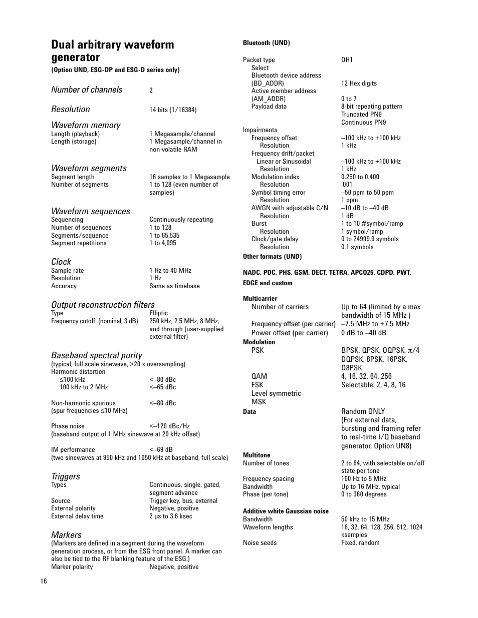 Dual arbitrary waveform generator, Number of channels, Resolution | Waveform segments, Waveform sequences, Clock, Output reconstruction filters, Baseband spectral purity, Triggers, Markers | Atec Agilent-E4437B User Manual | Page 16 / 32