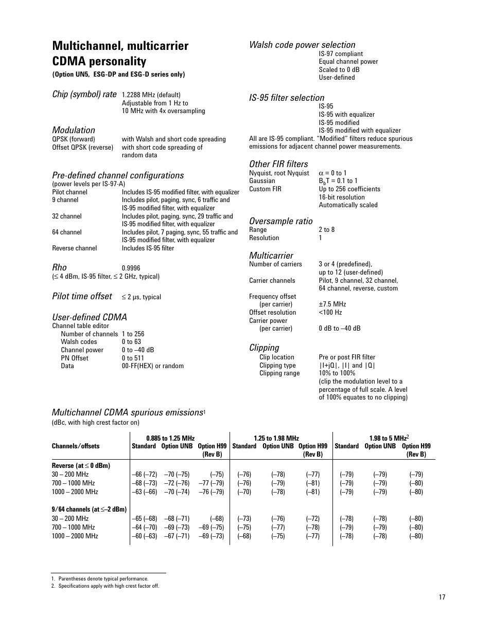 Multichannel, multicarrier cdma personality, Chip (symbol) rate, Modulation | Pre-defined channel configurations, Pilot time offset, User-defined cdma, Walsh code power selection, Is-95 filter selection, Other fir filters, Oversample ratio | Atec Agilent-E4437B User Manual | Page 17 / 32