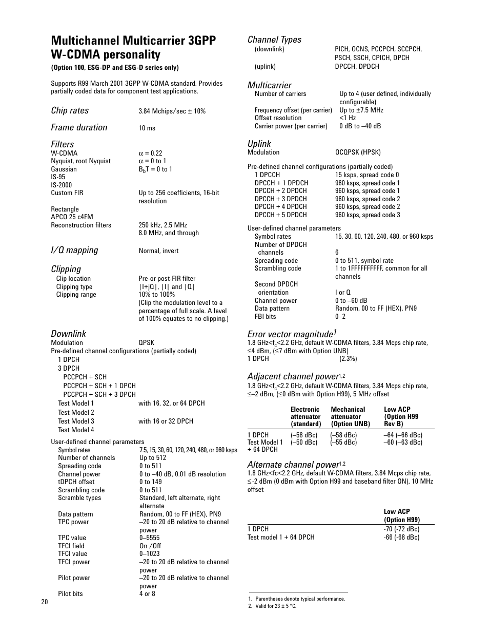 Multichannel multicarrier 3gpp w-cdma personality, Chip rates, Frame duration | Filters, I/q mapping, Clipping, Downlink, Channel types, Multicarrier, Uplink | Atec Agilent-E4437B User Manual | Page 20 / 32