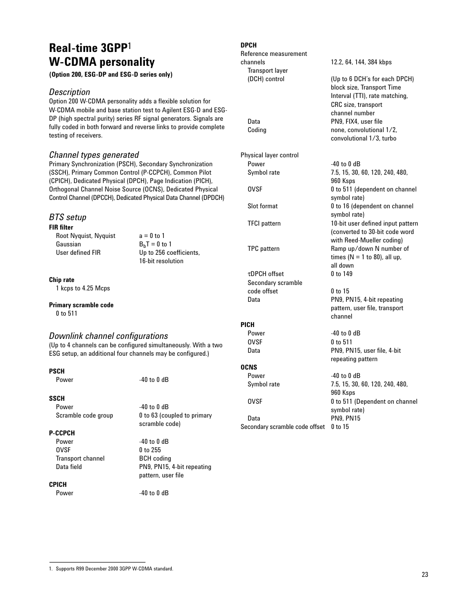 Real-time 3gpp, W-cdma personality, Description | Channel types generated, Bts setup, Downlink channel configurations | Atec Agilent-E4437B User Manual | Page 23 / 32