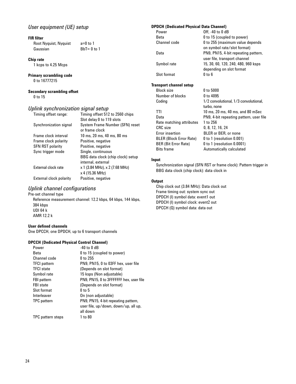 User equipment (ue) setup, Uplink synchronization signal setup, Uplink channel configurations | Atec Agilent-E4437B User Manual | Page 24 / 32