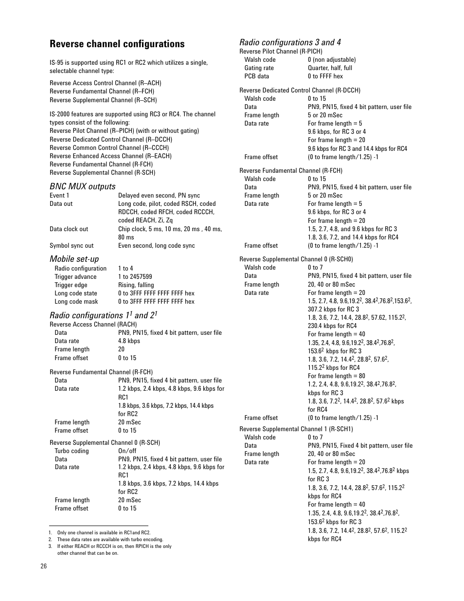 Reverse channel configurations, Bnc mux outputs, Mobile set-up | Radio configurations 1, And 2, Radio configurations 3 and 4 | Atec Agilent-E4437B User Manual | Page 26 / 32