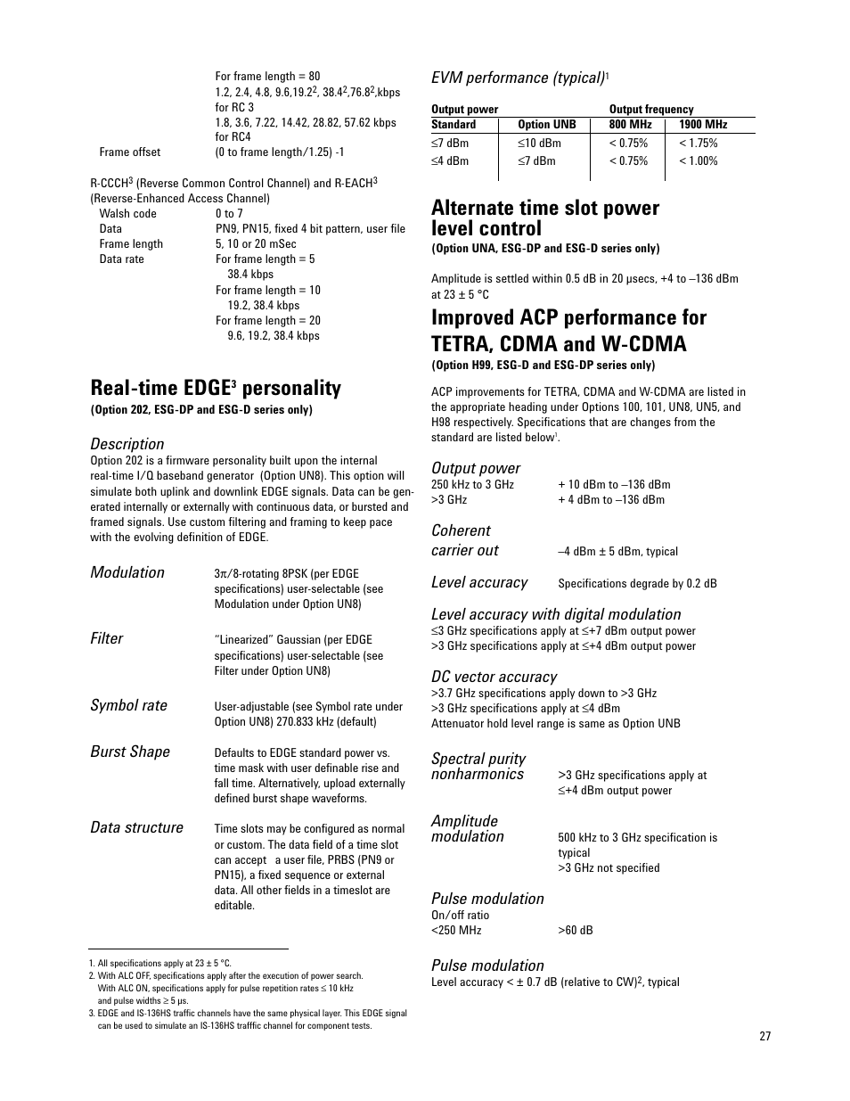 Real-time edge, Personality, Alternate time slot power level control | Description, Modulation, Filter, Symbol rate, Burst shape, Data structure, Evm performance (typical) | Atec Agilent-E4437B User Manual | Page 27 / 32