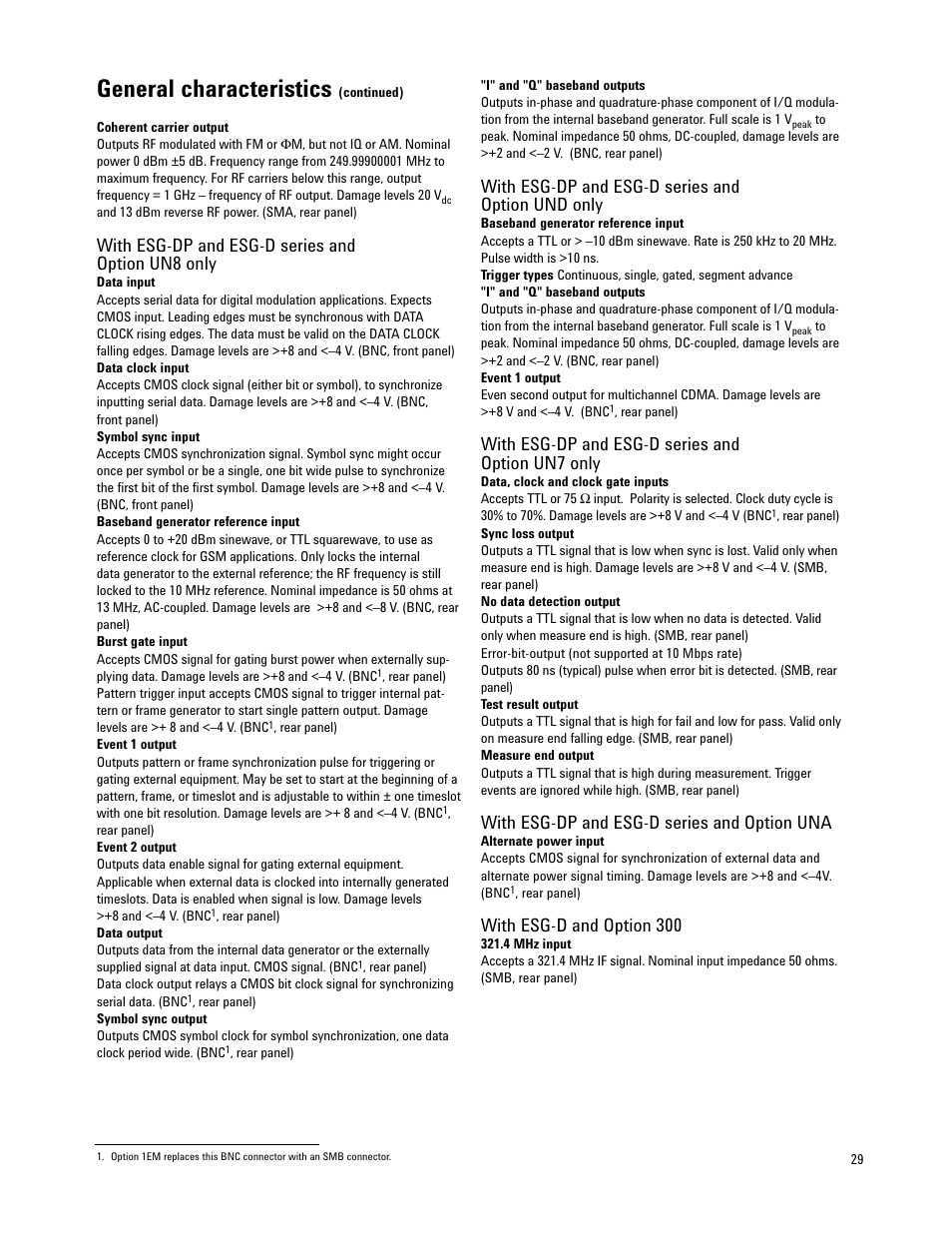 General characteristics, With esg-dp and esg-d series and option un8 only, With esg-dp and esg-d series and option und only | With esg-dp and esg-d series and option un7 only, With esg-dp and esg-d series and option una, With esg-d and option 300 | Atec Agilent-E4437B User Manual | Page 29 / 32