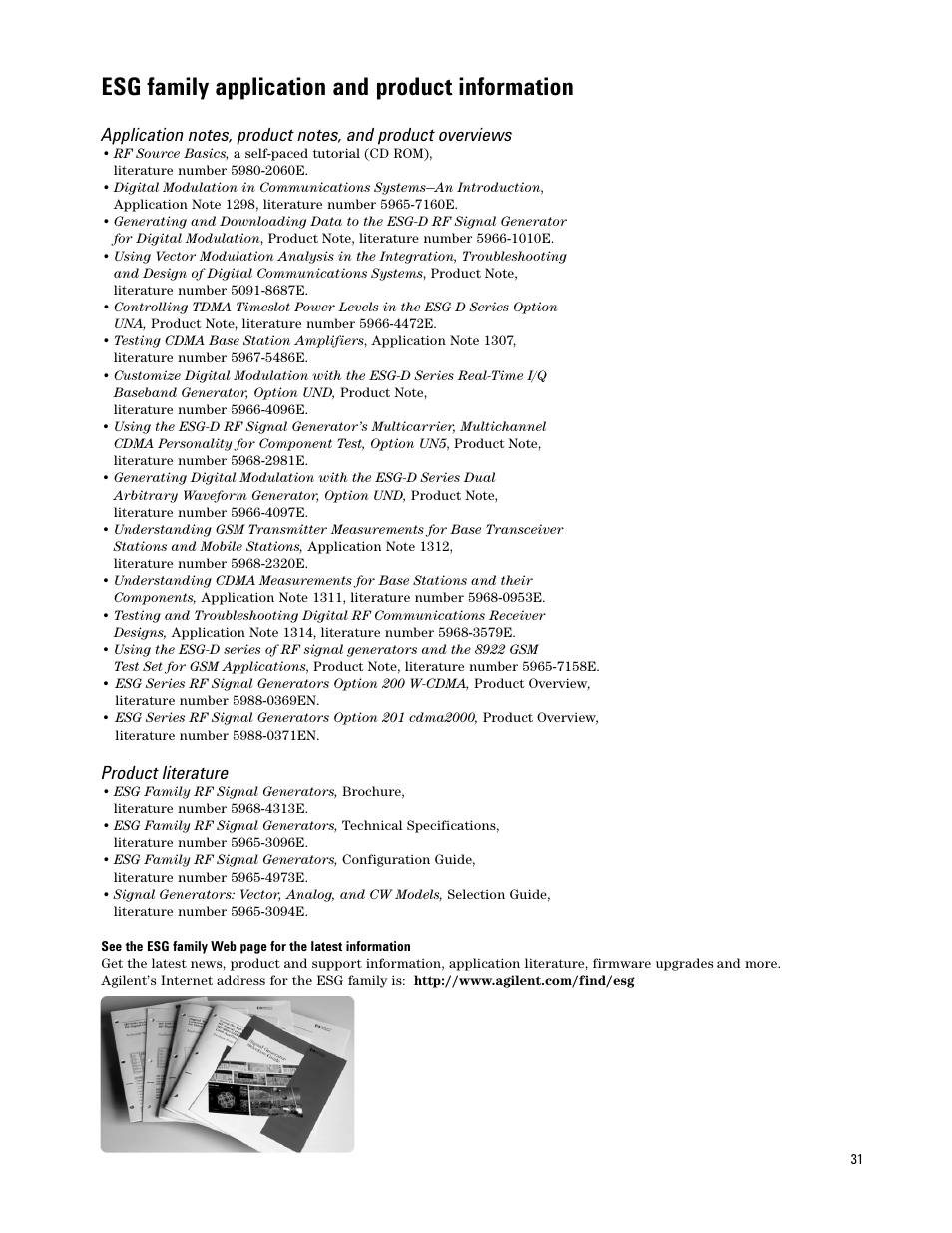 Esg family application and product information, Product literature | Atec Agilent-E4437B User Manual | Page 31 / 32
