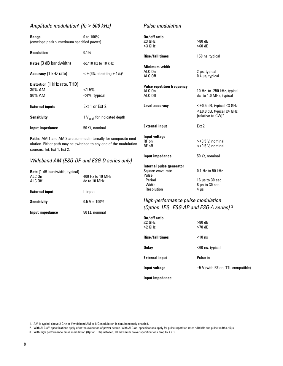 Amplitude modulation, Fc > 500 khz), Wideband am (esg-dp and esg-d series only) | Pulse modulation | Atec Agilent-E4437B User Manual | Page 8 / 32