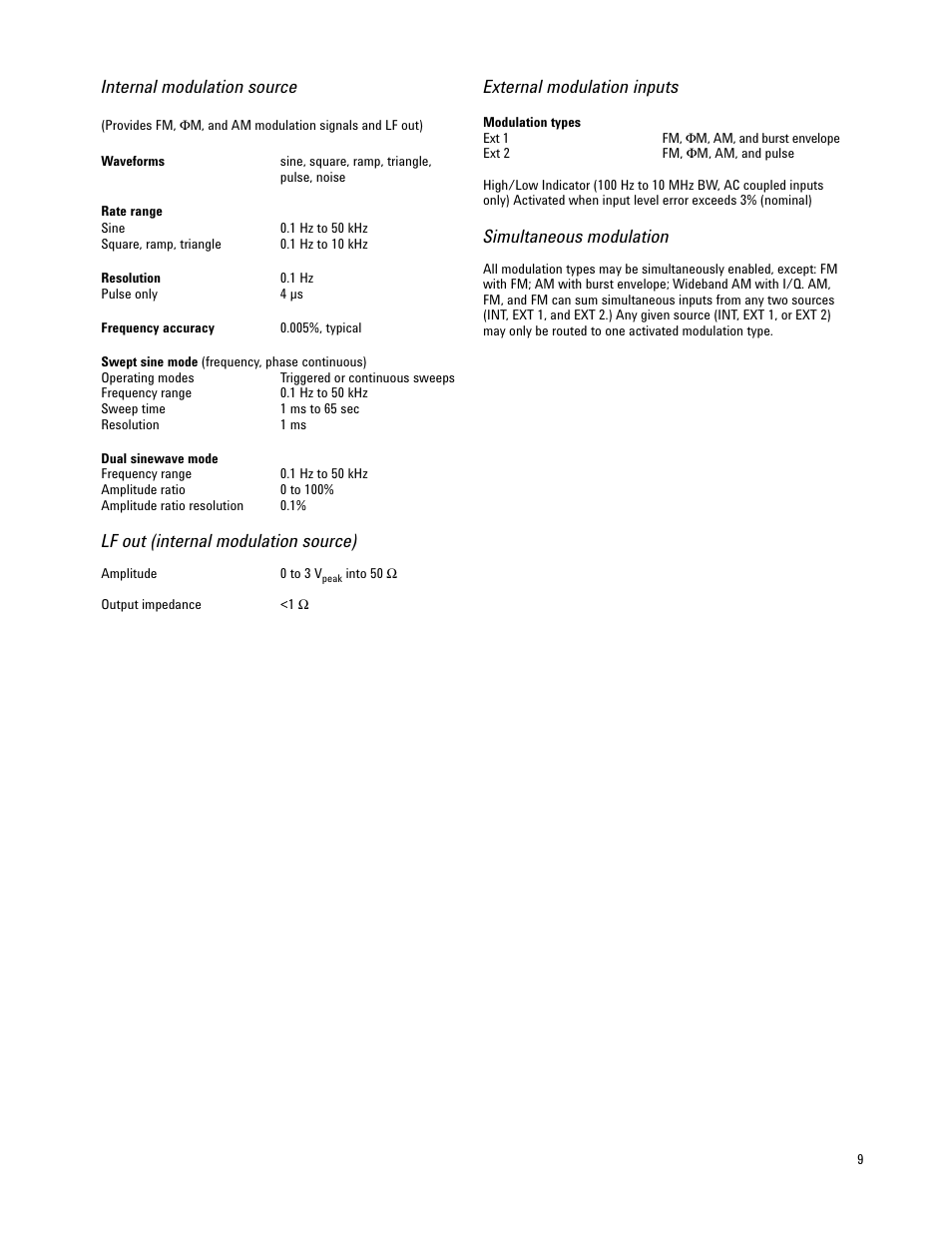 Internal modulation source, Lf out (internal modulation source), External modulation inputs | Simultaneous modulation | Atec Agilent-E4437B User Manual | Page 9 / 32