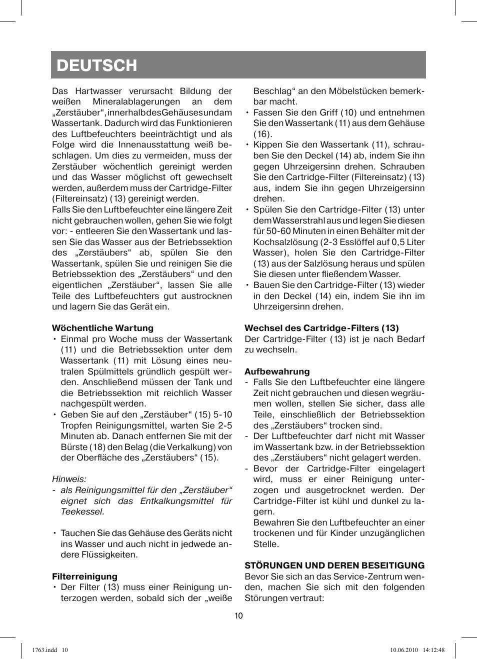 Deutsch | Vitek VT-1763 User Manual | Page 10 / 44