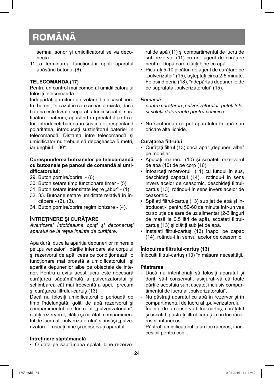 Română | Vitek VT-1763 User Manual | Page 24 / 44