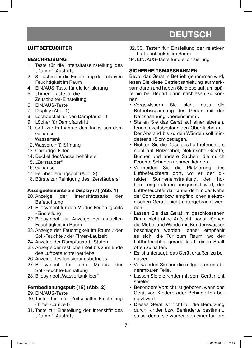 Deutsch | Vitek VT-1763 User Manual | Page 7 / 44