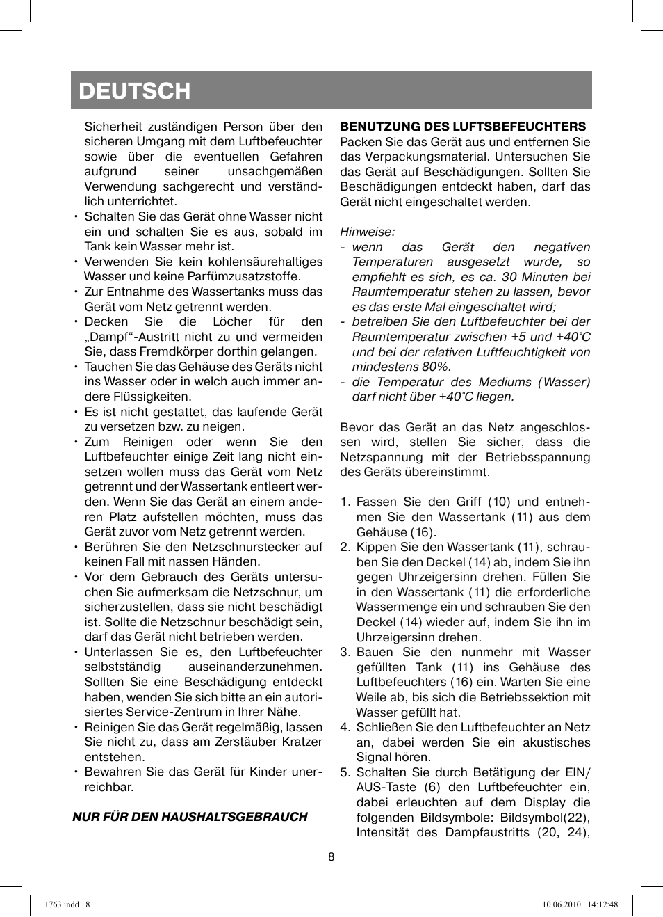 Deutsch | Vitek VT-1763 User Manual | Page 8 / 44