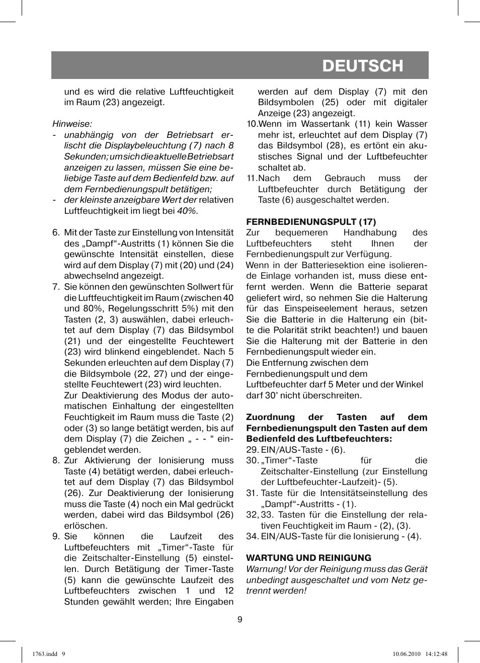 Deutsch | Vitek VT-1763 User Manual | Page 9 / 44