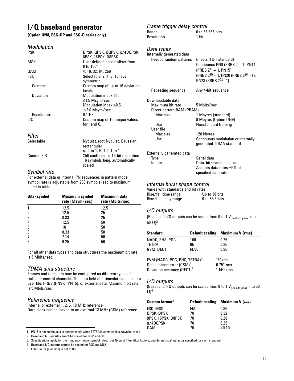 I/q baseband generator, Modulation, Filter | Symbol rate, Tdma data structure, Reference frequency, Frame trigger delay control, Data types, Internal burst shape control, I/q outputs | Atec Agilent-E4421B-24B-32B-33B-35B-36B User Manual | Page 11 / 32