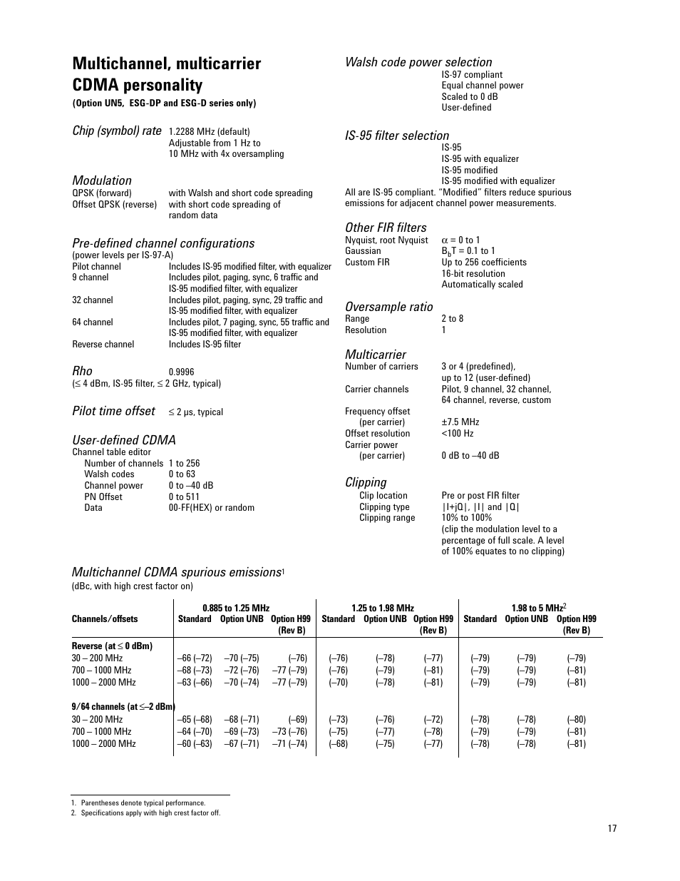 Multichannel, multicarrier cdma personality, Chip (symbol) rate, Modulation | Pre-defined channel configurations, Pilot time offset, User-defined cdma, Walsh code power selection, Is-95 filter selection, Other fir filters, Oversample ratio | Atec Agilent-E4421B-24B-32B-33B-35B-36B User Manual | Page 17 / 32