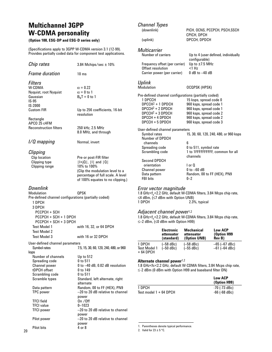 Multichannel 3gpp w-cdma personality, Chip rates, Frame duration | Filters, I/q mapping, Clipping, Downlink, Channel types, Multicarrier, Uplink | Atec Agilent-E4421B-24B-32B-33B-35B-36B User Manual | Page 20 / 32