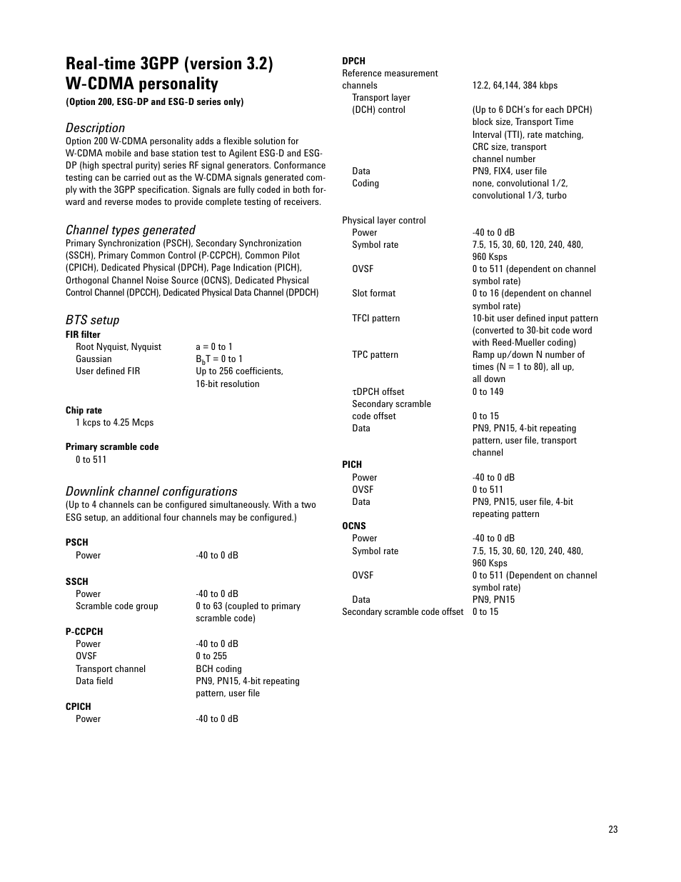Real-time 3gpp (version 3.2) w-cdma personality, Description, Channel types generated | Bts setup, Downlink channel configurations | Atec Agilent-E4421B-24B-32B-33B-35B-36B User Manual | Page 23 / 32