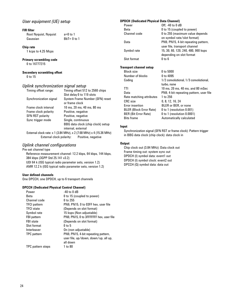 User equipment (ue) setup, Uplink synchronization signal setup, Uplink channel configurations | Atec Agilent-E4421B-24B-32B-33B-35B-36B User Manual | Page 24 / 32