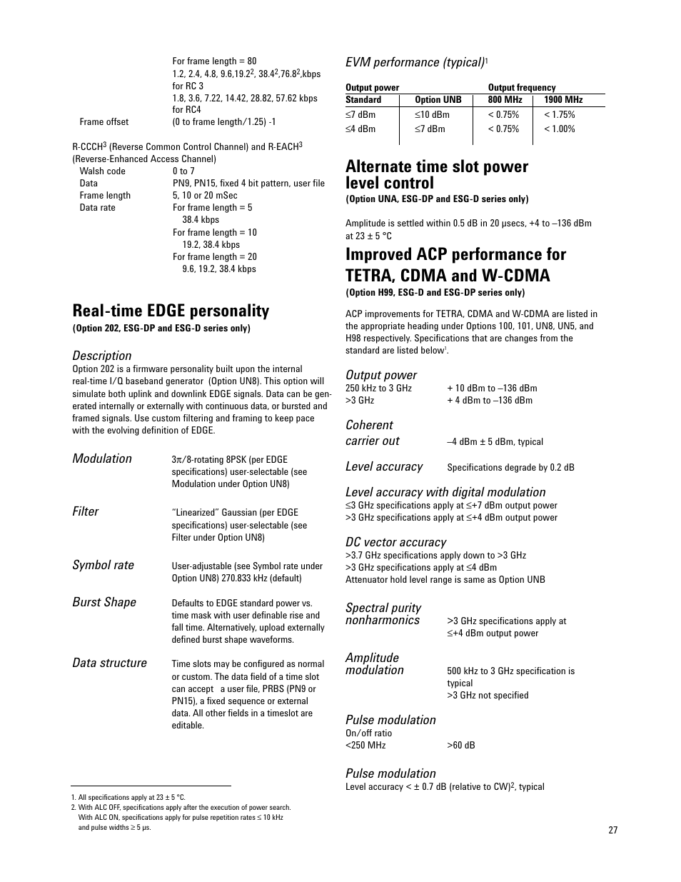 Real-time edge personality, Alternate time slot power level control, Description | Modulation, Filter, Symbol rate, Burst shape, Data structure, Evm performance (typical), Output power | Atec Agilent-E4421B-24B-32B-33B-35B-36B User Manual | Page 27 / 32