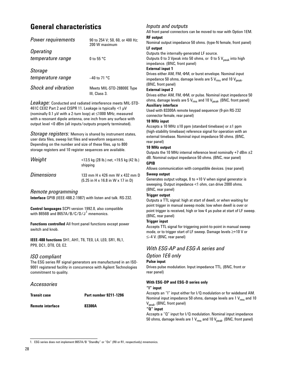General characteristics, Power requirements, Operating temperature range | Storage temperature range, Shock and vibration, Leakage, Storage registers, Weight, Dimensions, Remote programming | Atec Agilent-E4421B-24B-32B-33B-35B-36B User Manual | Page 28 / 32