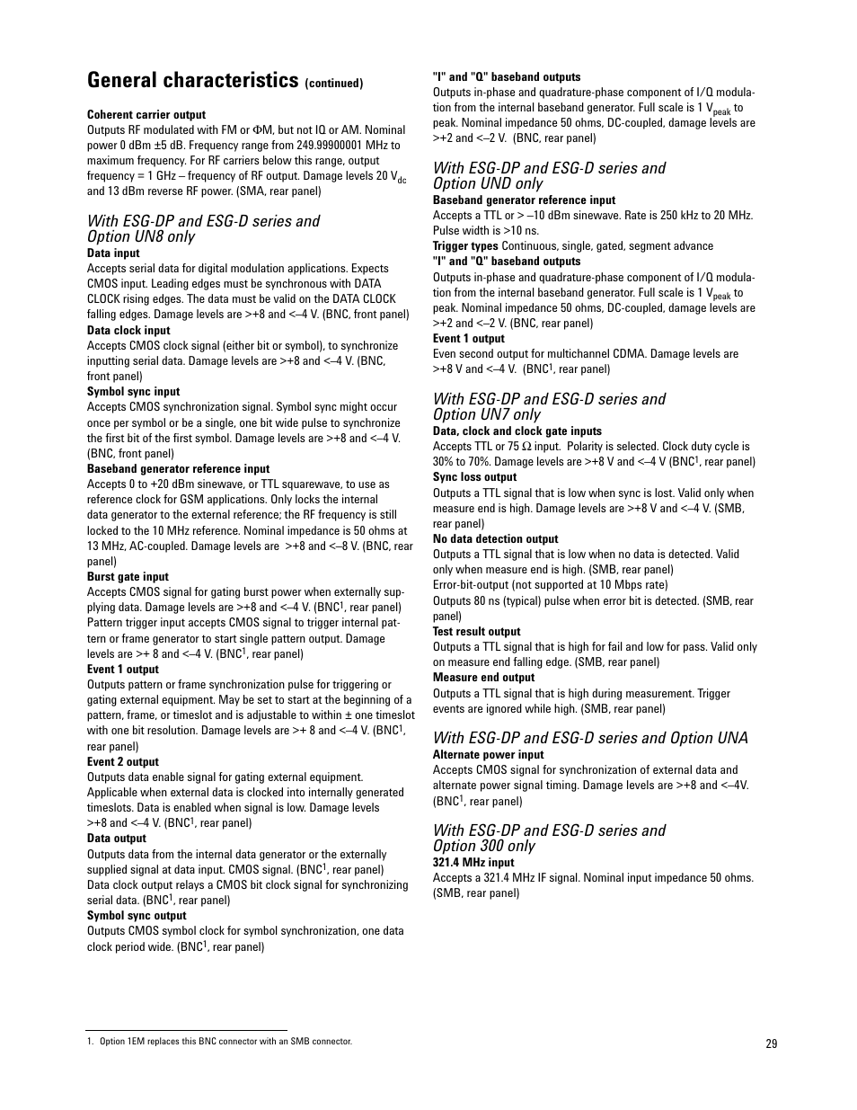 General characteristics, With esg-dp and esg-d series and option un8 only, With esg-dp and esg-d series and option und only | With esg-dp and esg-d series and option un7 only, With esg-dp and esg-d series and option una, With esg-dp and esg-d series and option 300 only | Atec Agilent-E4421B-24B-32B-33B-35B-36B User Manual | Page 29 / 32