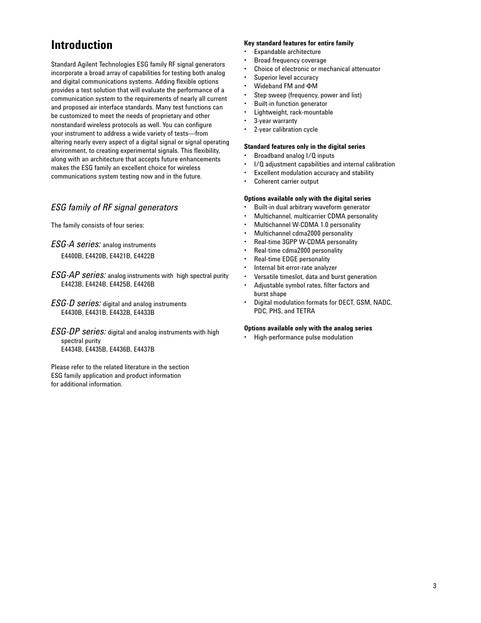 Introduction, Esg family of rf signal generators, Esg-a series | Esg-ap series, Esg-d series, Esg-dp series | Atec Agilent-E4421B-24B-32B-33B-35B-36B User Manual | Page 3 / 32