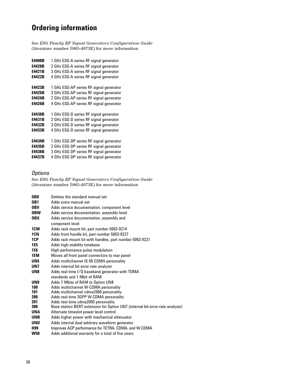 Ordering information, Options | Atec Agilent-E4421B-24B-32B-33B-35B-36B User Manual | Page 30 / 32