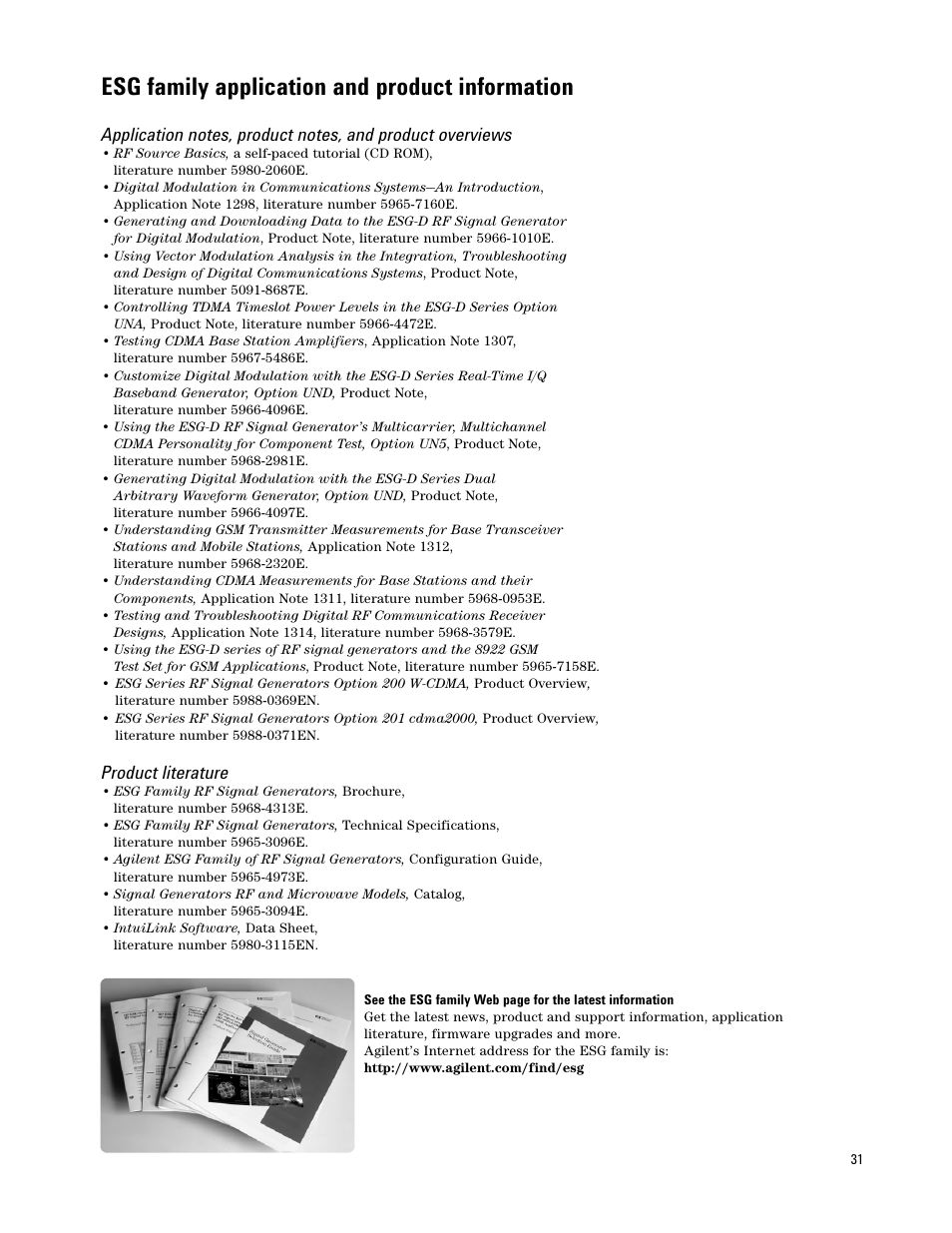 Esg family application and product information, Product literature | Atec Agilent-E4421B-24B-32B-33B-35B-36B User Manual | Page 31 / 32
