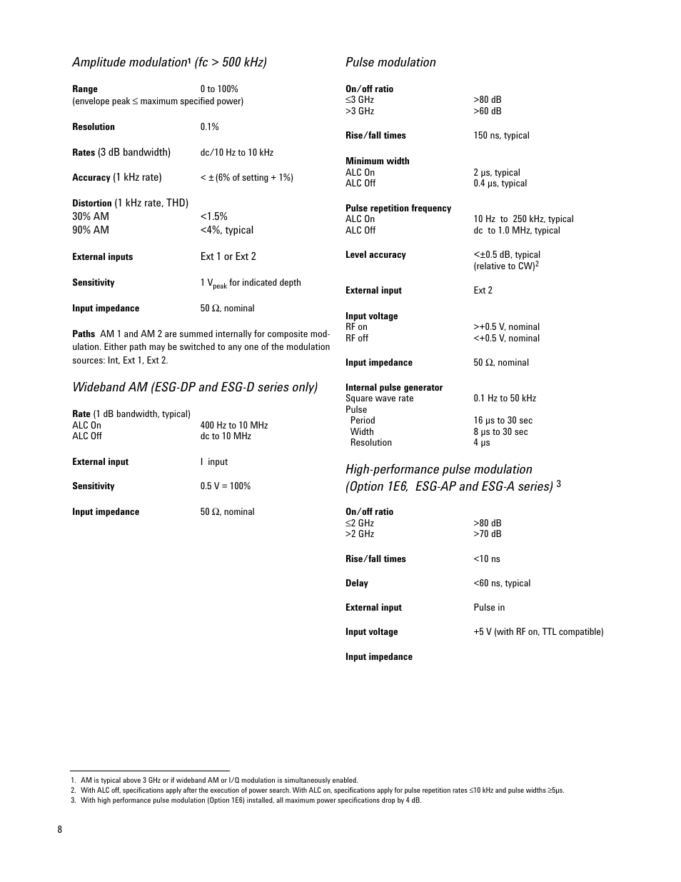 Amplitude modulation, Fc > 500 khz), Wideband am (esg-dp and esg-d series only) | Pulse modulation | Atec Agilent-E4421B-24B-32B-33B-35B-36B User Manual | Page 8 / 32
