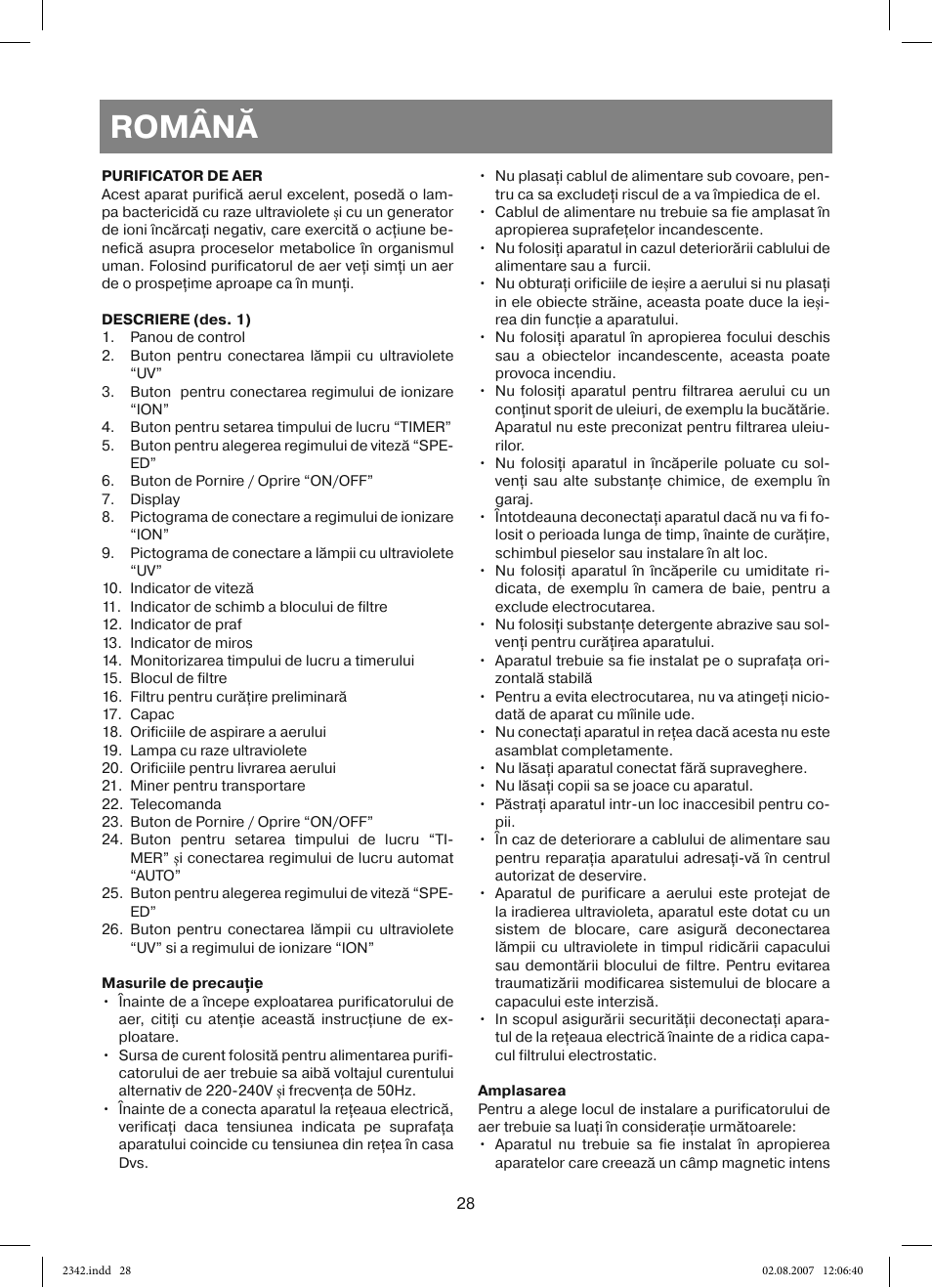 Română | Vitek VT-2342 User Manual | Page 28 / 52