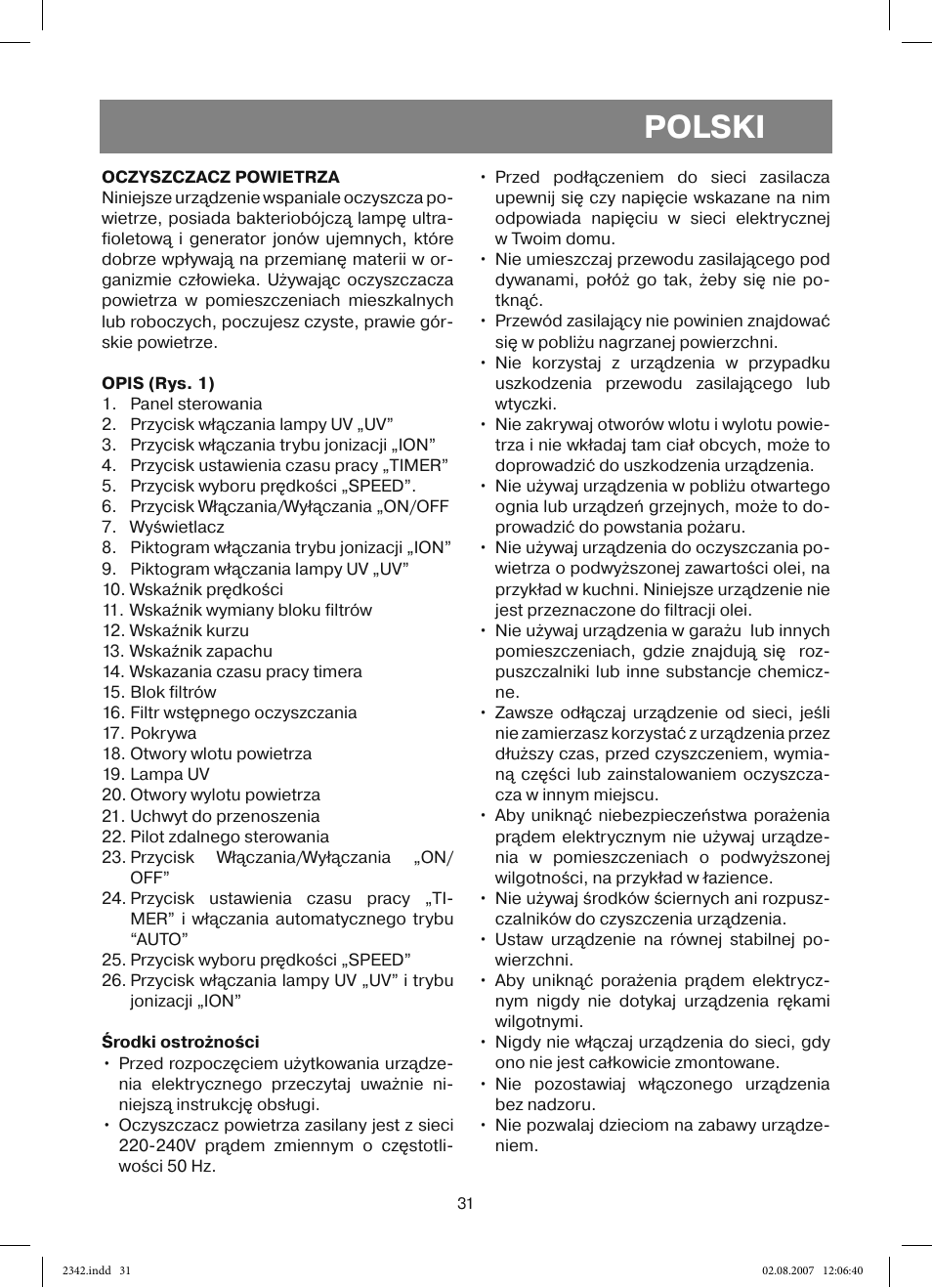 Polski | Vitek VT-2342 User Manual | Page 31 / 52