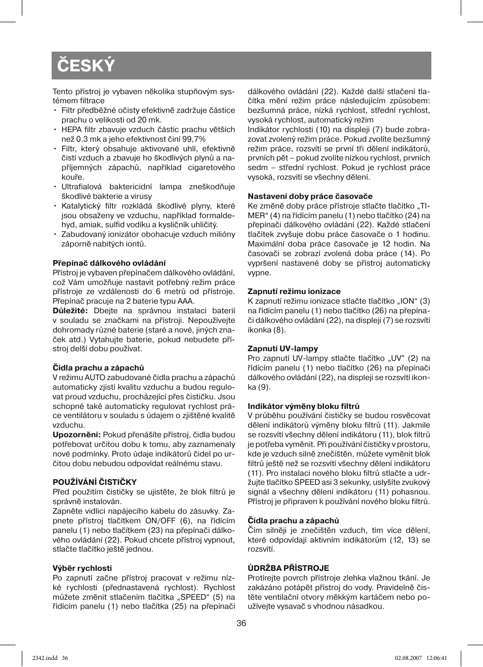 Český | Vitek VT-2342 User Manual | Page 36 / 52
