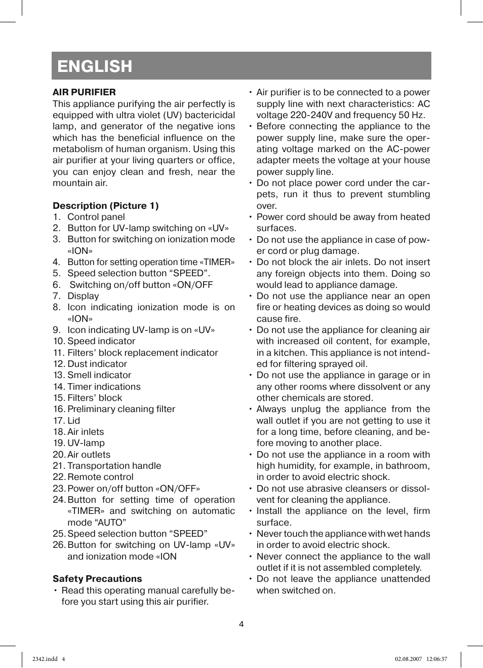 English | Vitek VT-2342 User Manual | Page 4 / 52