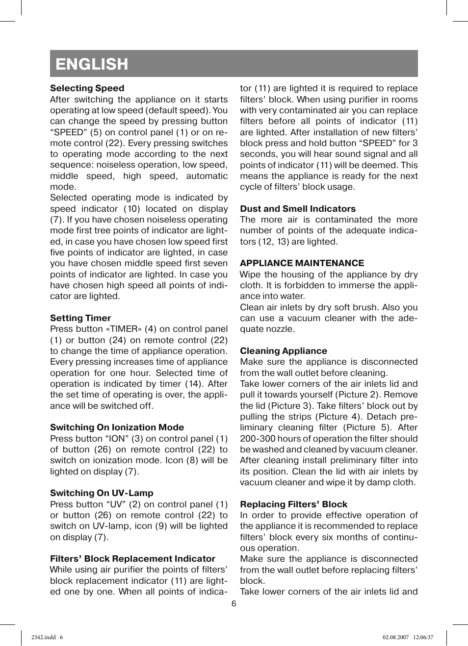English | Vitek VT-2342 User Manual | Page 6 / 52