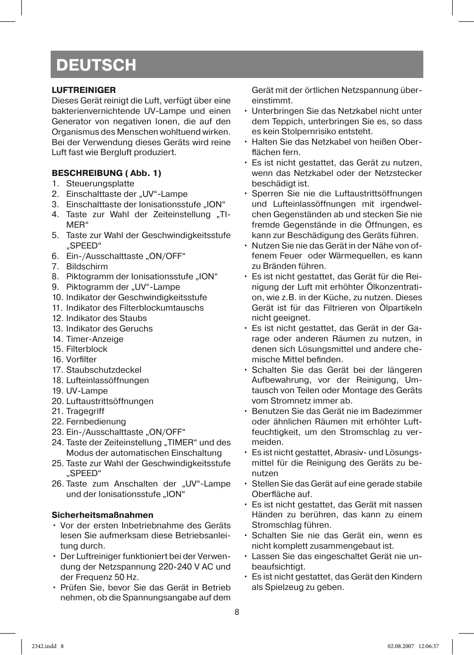 Deutsch | Vitek VT-2342 User Manual | Page 8 / 52