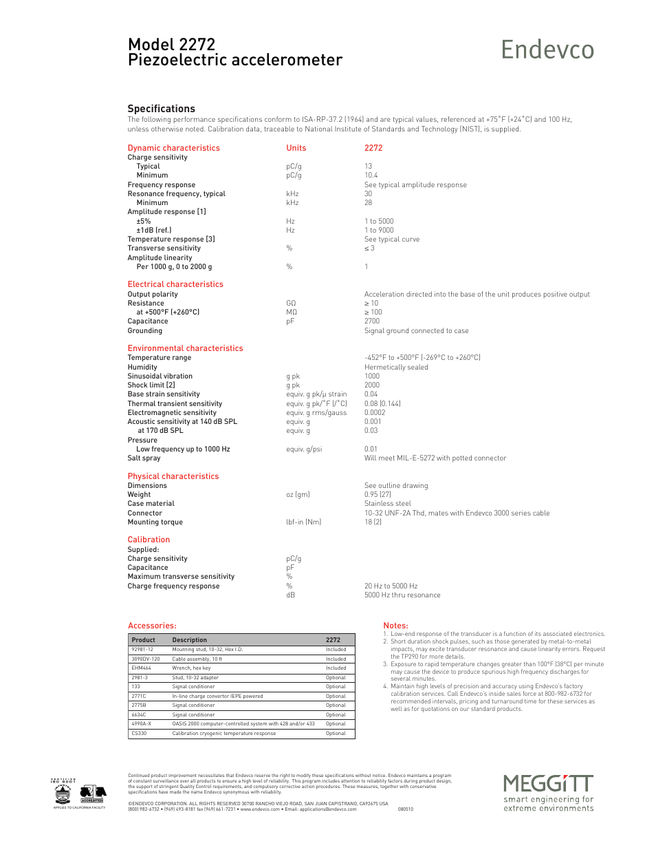 Model 2272 piezoelectric accelerometer, Specifications | Atec Endevco-2272 User Manual | Page 2 / 2