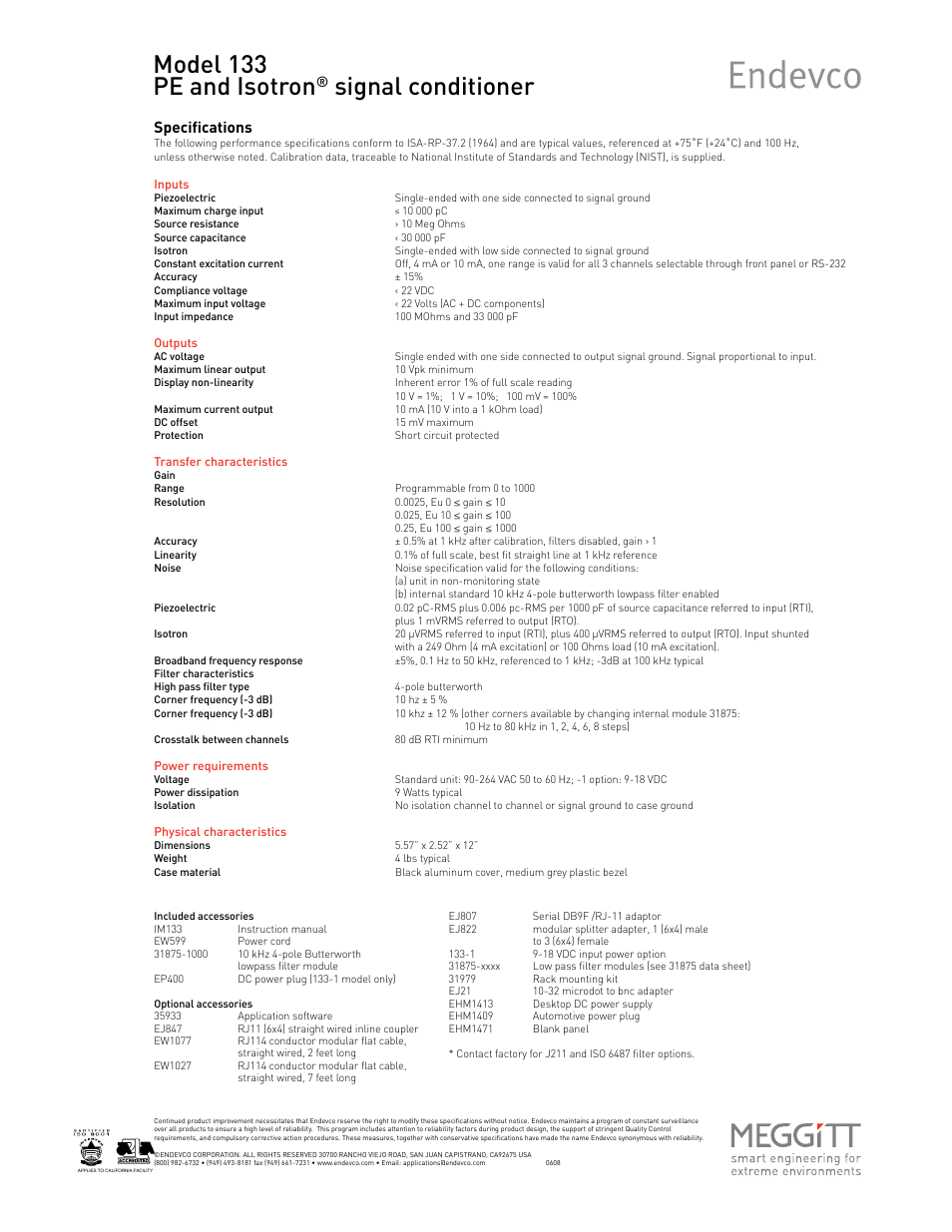 Model 133 pe and isotron, Signal conditioner, Specifications | Atec Endevco-133 User Manual | Page 2 / 2