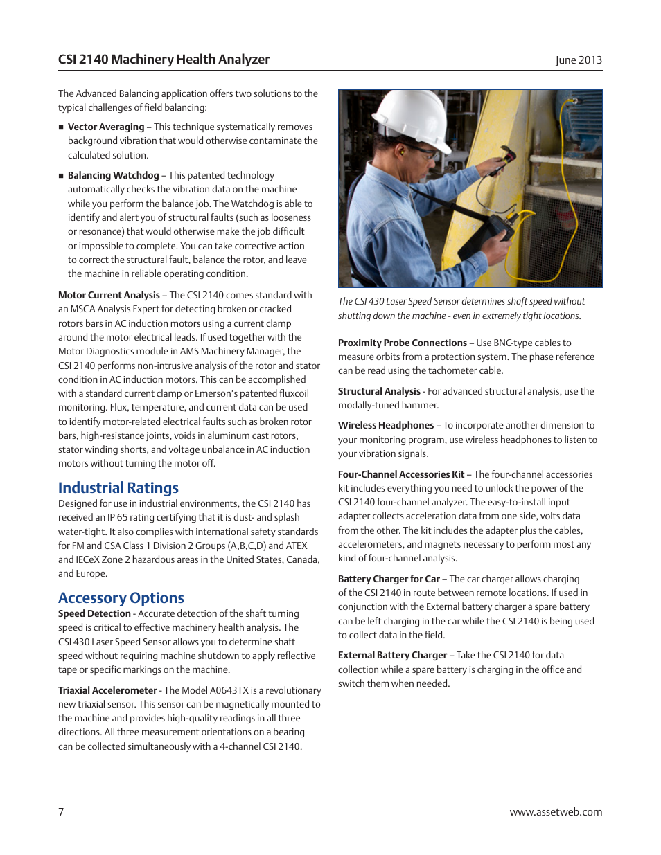 Industrial ratings, Accessory options, Csi 2140 machinery health analyzer | Atec Emerson-CSI-2140 User Manual | Page 7 / 12