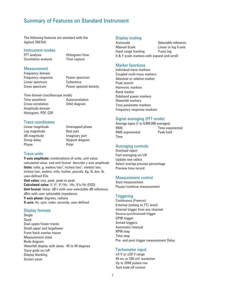 Summary of features on standard instrument | Atec Agilent-35670A User Manual | Page 2 / 10