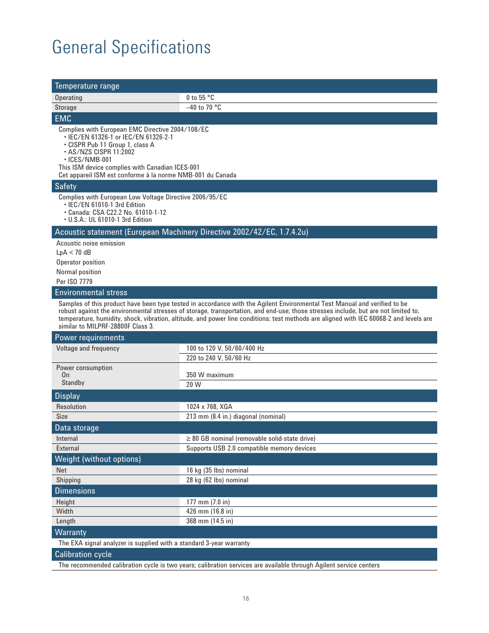 General specifications | Atec Agilent-N9010A User Manual | Page 16 / 21