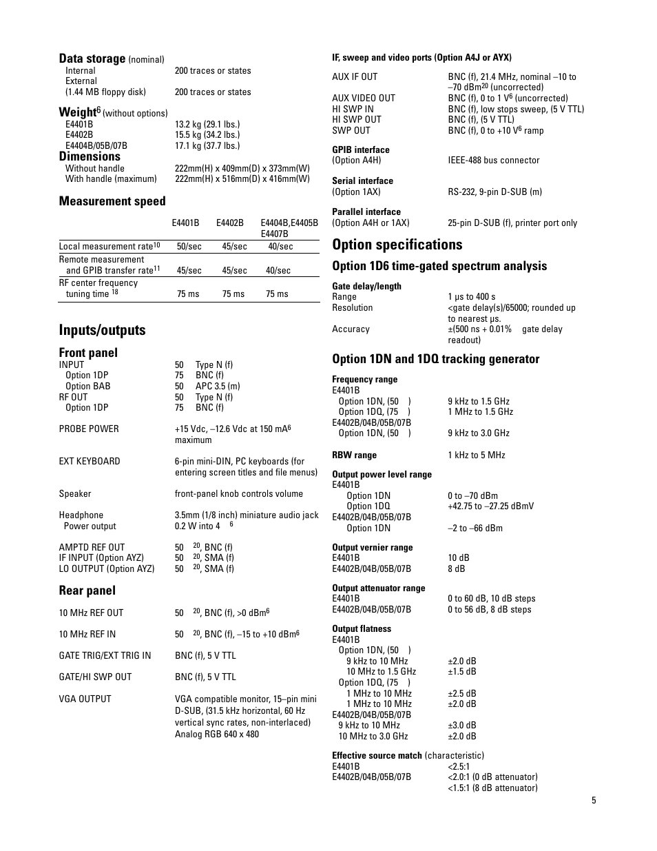 Inputs/outputs, Option specifications, Data storage | Weight, Dimensions, Measurement speed, Front panel, Rear panel, Option 1d6 time-gated spectrum analysis, Option 1dn and 1dq tracking generator | Atec Agilent-E4401B-02B-04B-05B-07B User Manual | Page 5 / 8