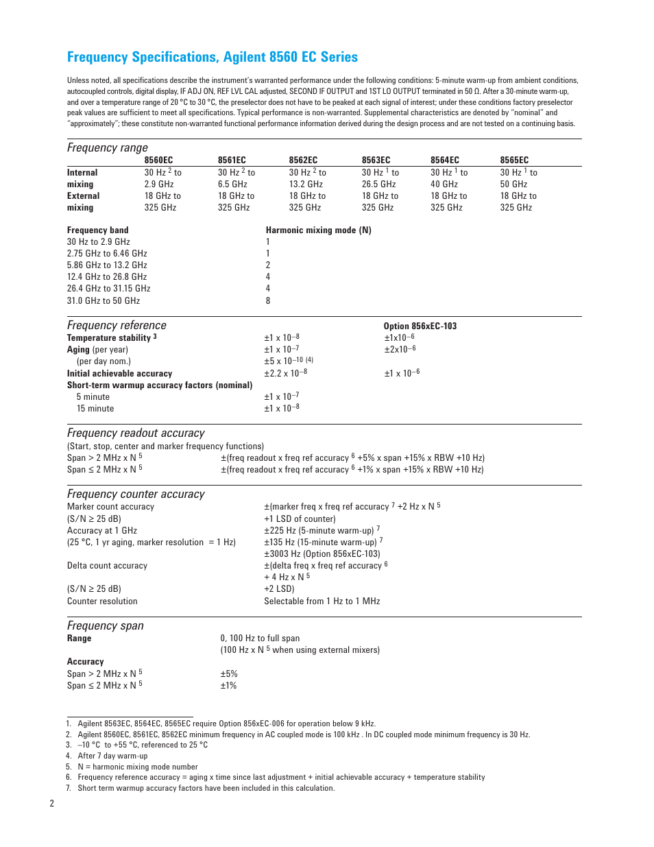 Frequency specifications, agilent 8560 ec series, Frequency range, Frequency reference | Frequency readout accuracy, Frequency counter accuracy, Frequency span | Atec Agilent-8560EC-65EC Series User Manual | Page 2 / 12