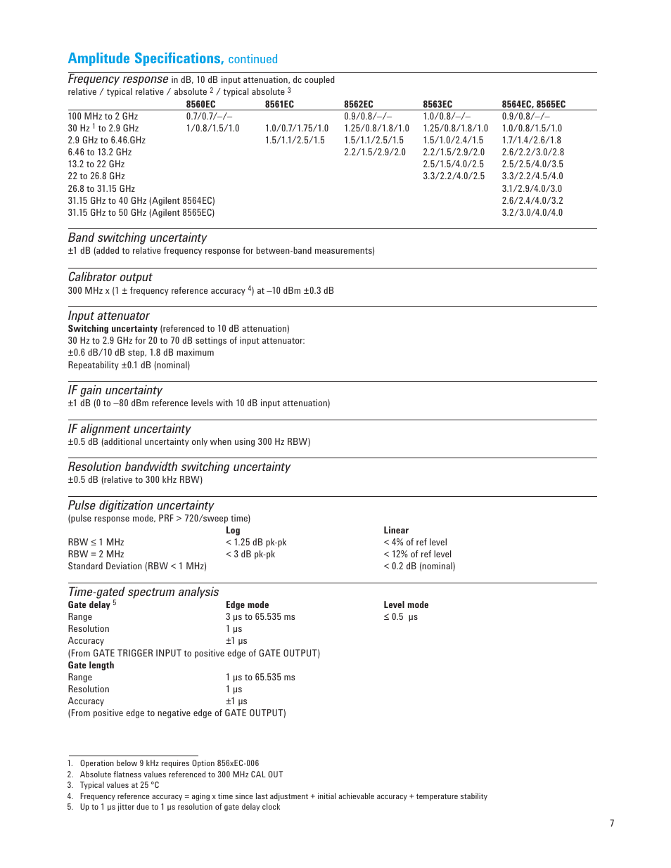 Amplitude specifications, Continued frequency response, Band switching uncertainty | Calibrator output, Input attenuator, If gain uncertainty, If alignment uncertainty, Resolution bandwidth switching uncertainty, Pulse digitization uncertainty, Time-gated spectrum analysis | Atec Agilent-8560EC-65EC Series User Manual | Page 7 / 12